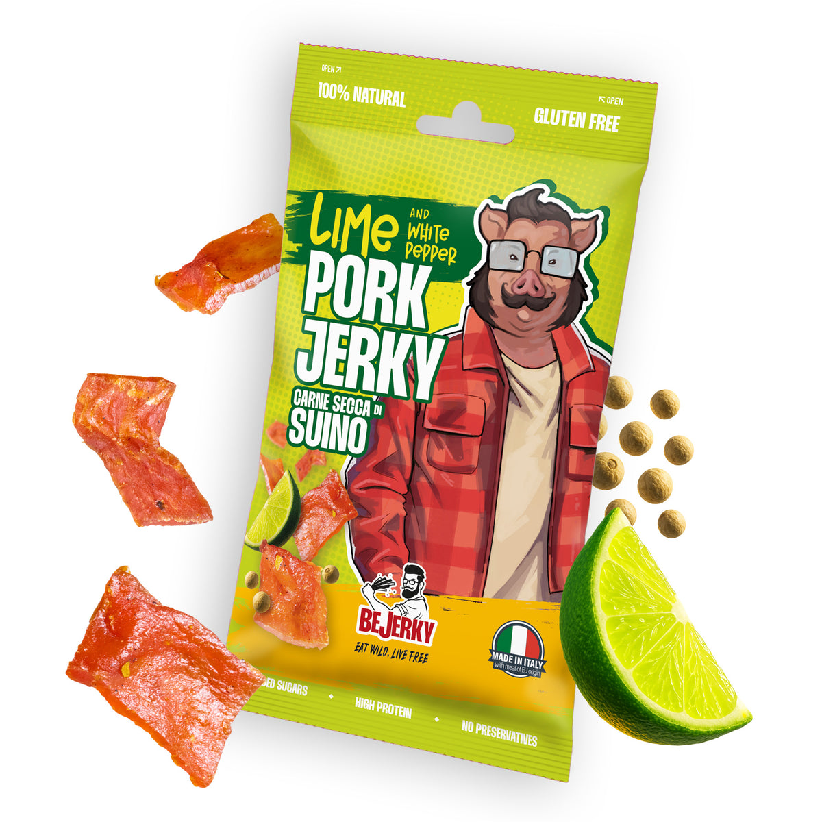 Carne Secca di Maiale Lime e Pepe Bianco – Chips Italiane 25g - Carne Secca Italia - Italian Jerky Meat Snack