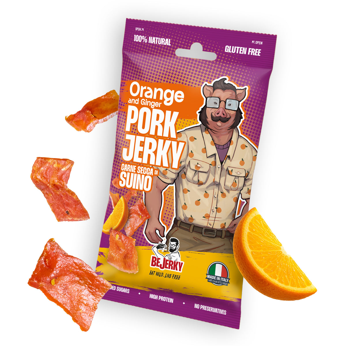 Carne Secca di Maiale Arancia e Zenzero – Chips Italiane 25g - Carne Secca Italia - Italian Jerky Meat Snack
