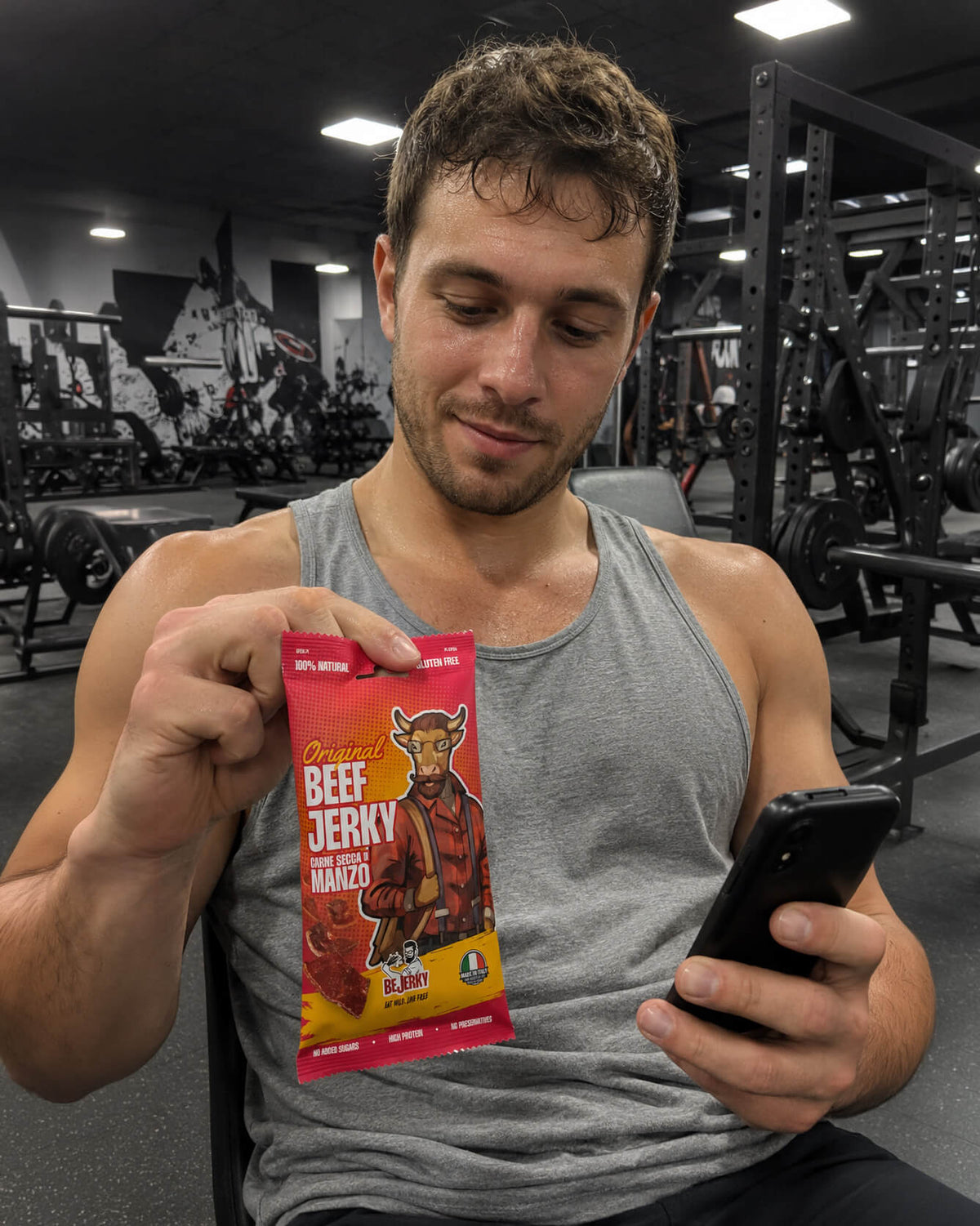 Open bag of jerky with the label showing